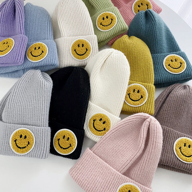 2021 Autumn Winter Warm Knitting Wool Hats Women Girls Boys Smiley Funny Fashion Elastic Beanie caps 11 colors Children hat