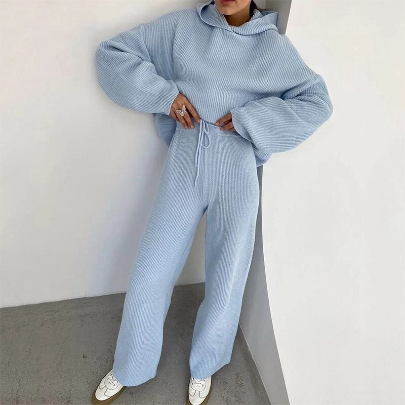 Women Knitted 2 Piece Set Casual Solid Long Sleeve Hooded Sweatshirt Top Wide-legged Elastic Waist Pants Suit Tracksuit Outwear