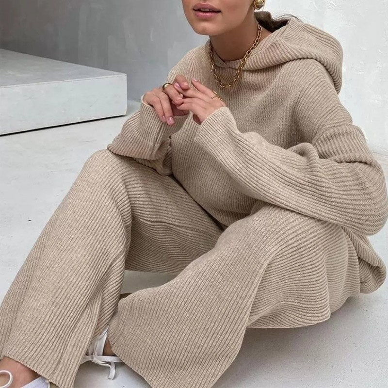 Women Knitted 2 Piece Set Casual Solid Long Sleeve Hooded Sweatshirt Top Wide-legged Elastic Waist Pants Suit Tracksuit Outwear