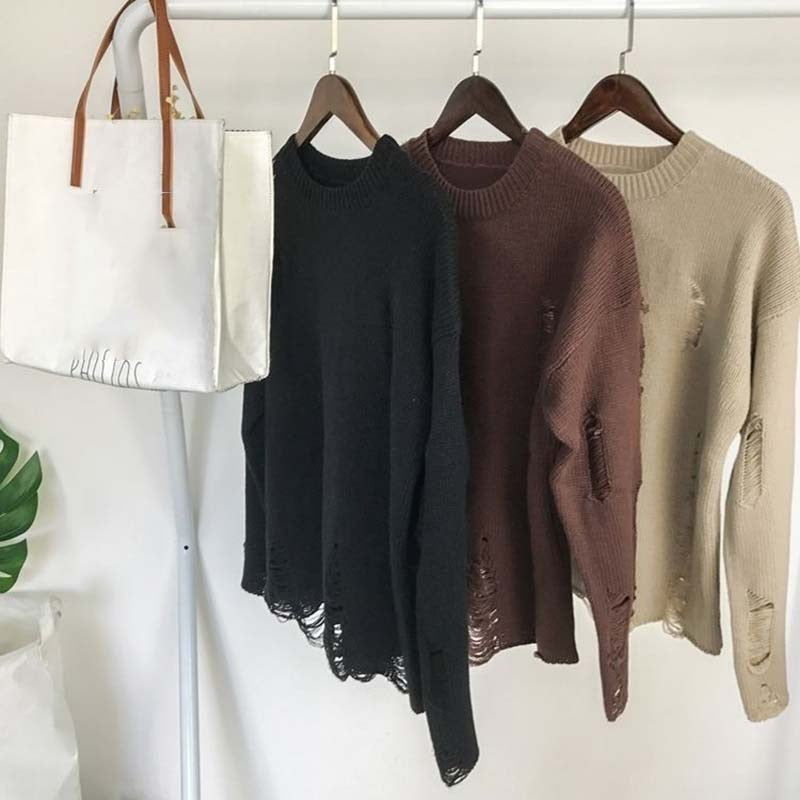 Ripped Loose Sweater Knitted Pullover Cutout Beggar Crew Neck Long Sleeves Trend Korean Style Can Be Worn By Men and Women Punk