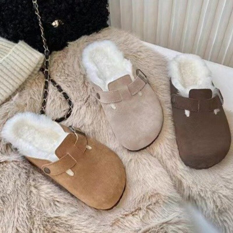 Women's Slippers 2022 Autumn Winter Leather Round Toe Slippers Couple Slippers Outdoor Casual Keep Warm Women Suede Slides Mujer