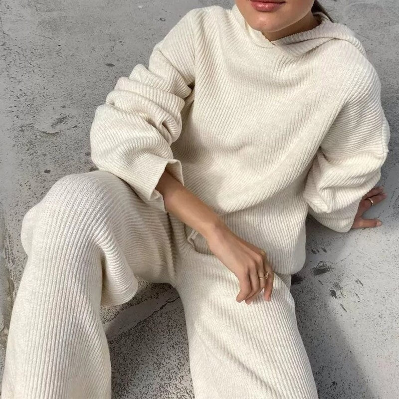 Women Knitted 2 Piece Set Casual Solid Long Sleeve Hooded Sweatshirt Top Wide-legged Elastic Waist Pants Suit Tracksuit Outwear