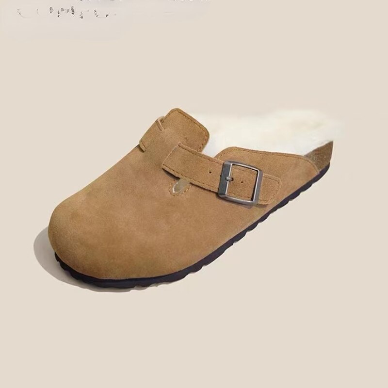 Women's Slippers 2022 Autumn Winter Leather Round Toe Slippers Couple Slippers Outdoor Casual Keep Warm Women Suede Slides Mujer