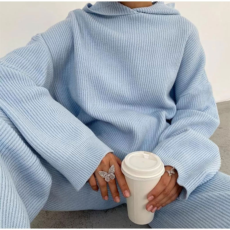 Women Knitted 2 Piece Set Casual Solid Long Sleeve Hooded Sweatshirt Top Wide-legged Elastic Waist Pants Suit Tracksuit Outwear