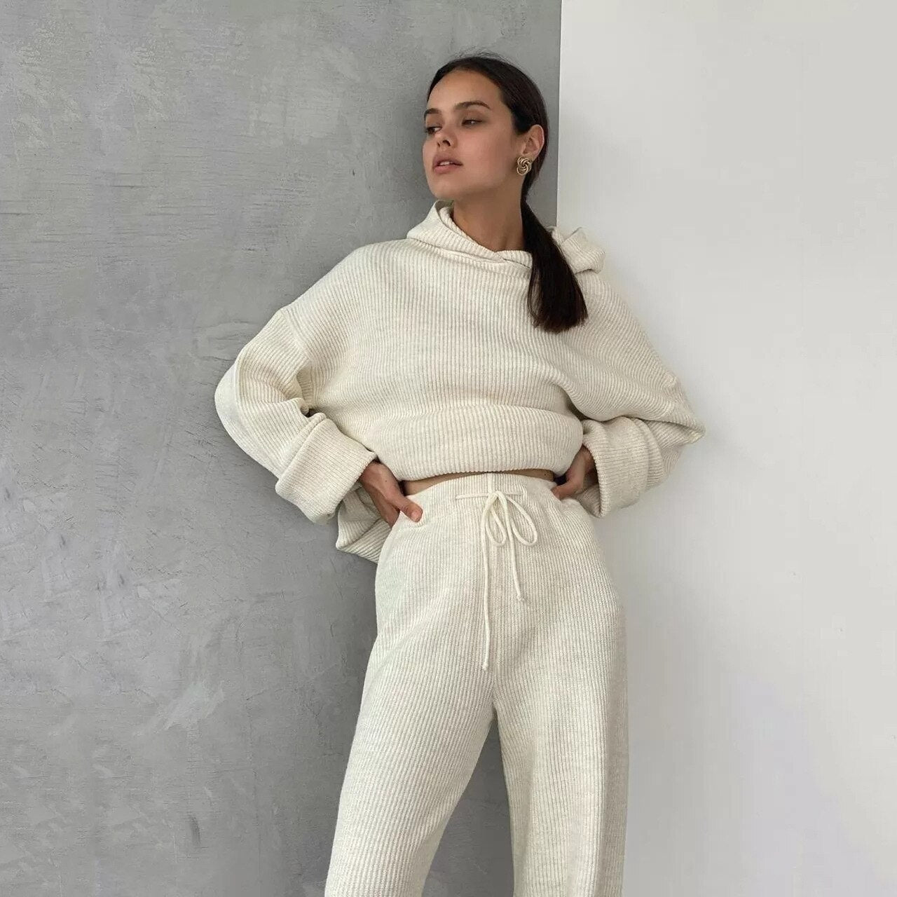 Women Knitted 2 Piece Set Casual Solid Long Sleeve Hooded Sweatshirt Top Wide-legged Elastic Waist Pants Suit Tracksuit Outwear